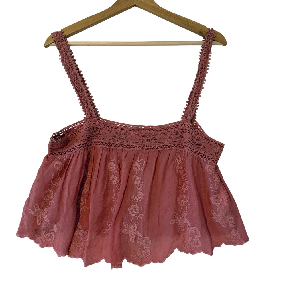 Zara Embroidered Cotton Cropped Tank Top Pink Rose Lace Trim Women Sz M Coquette